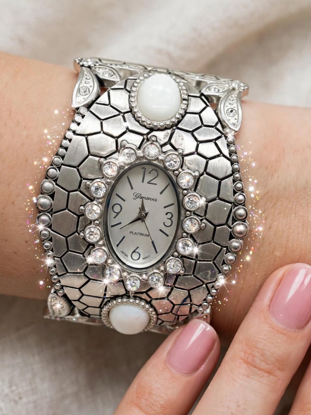 Geneva Silver-Tone Crystal Cuff Bracelet Watch with White Cabochons